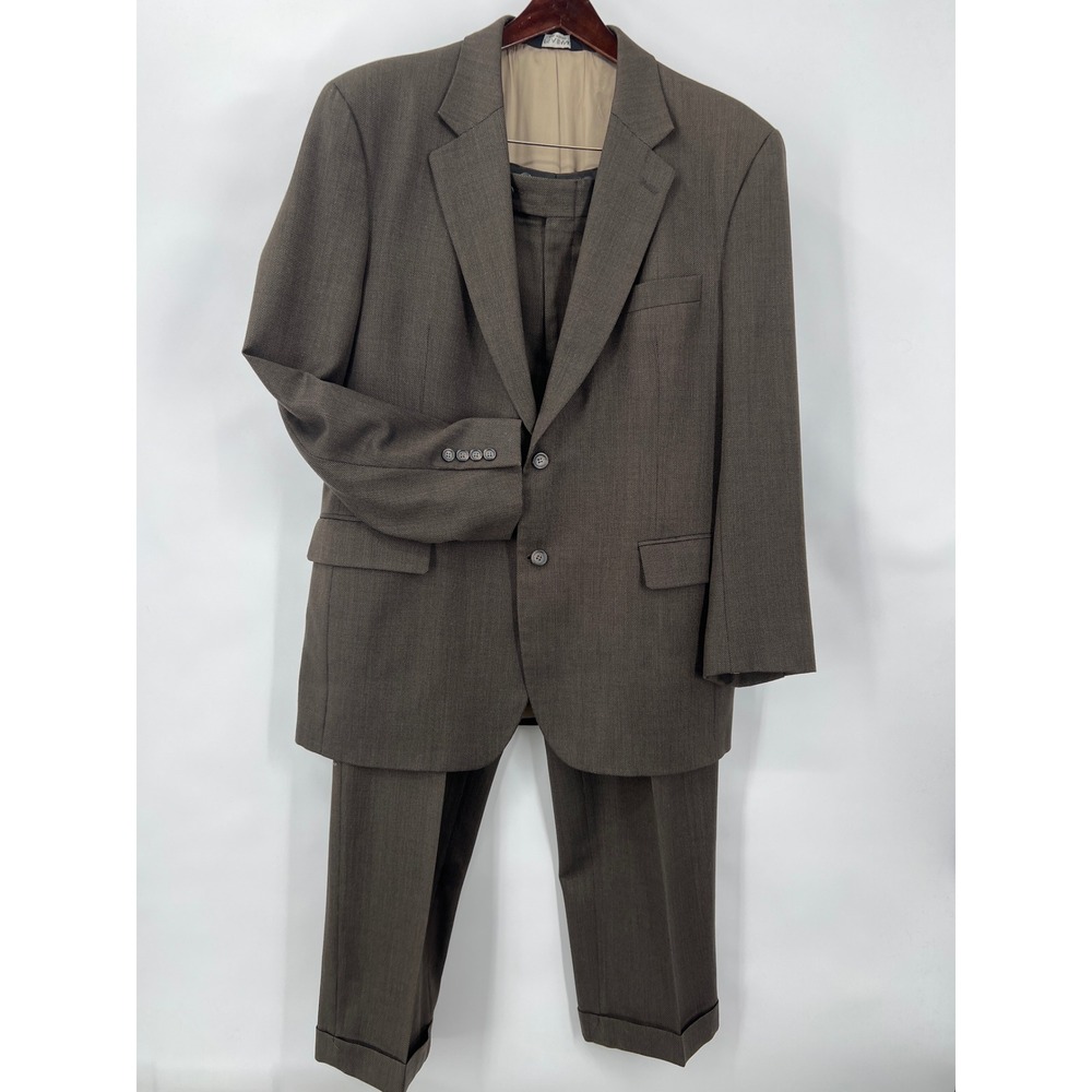 Jos. A. Bank Mens 44 Regular Suit 100% Wool Brown Textured Pleated Cuffed‎